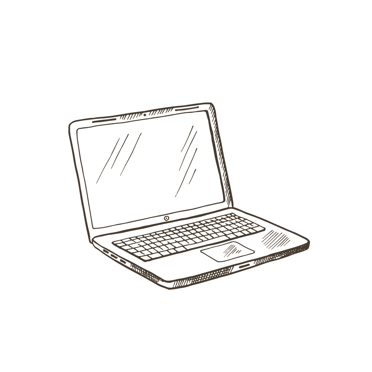 Simple line drawing illustration of laptop computers in various angles showing screens and keyboards.