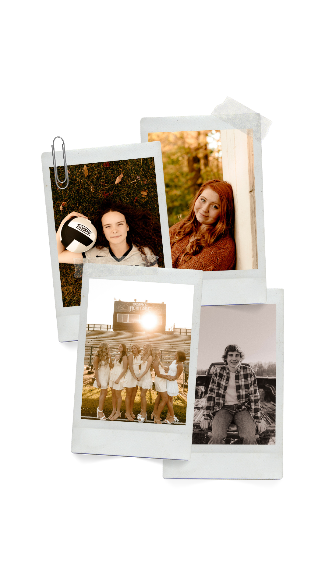 Four Polaroid-style photos collage featuring teen girls in volleyball uniforms, senior portraits, and a boy in flannel shirt.