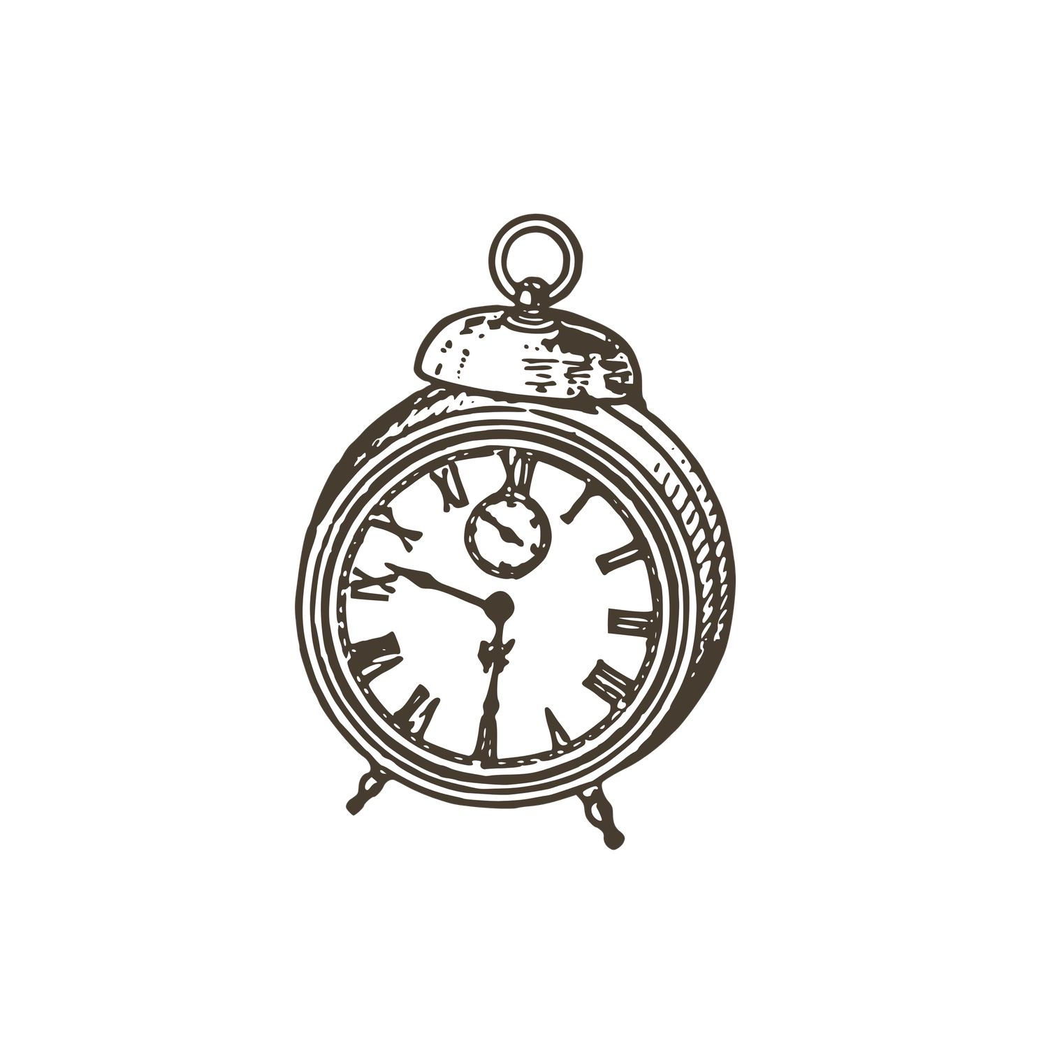 Four vintage-style clock illustrations showing different timepieces in black and white line art.