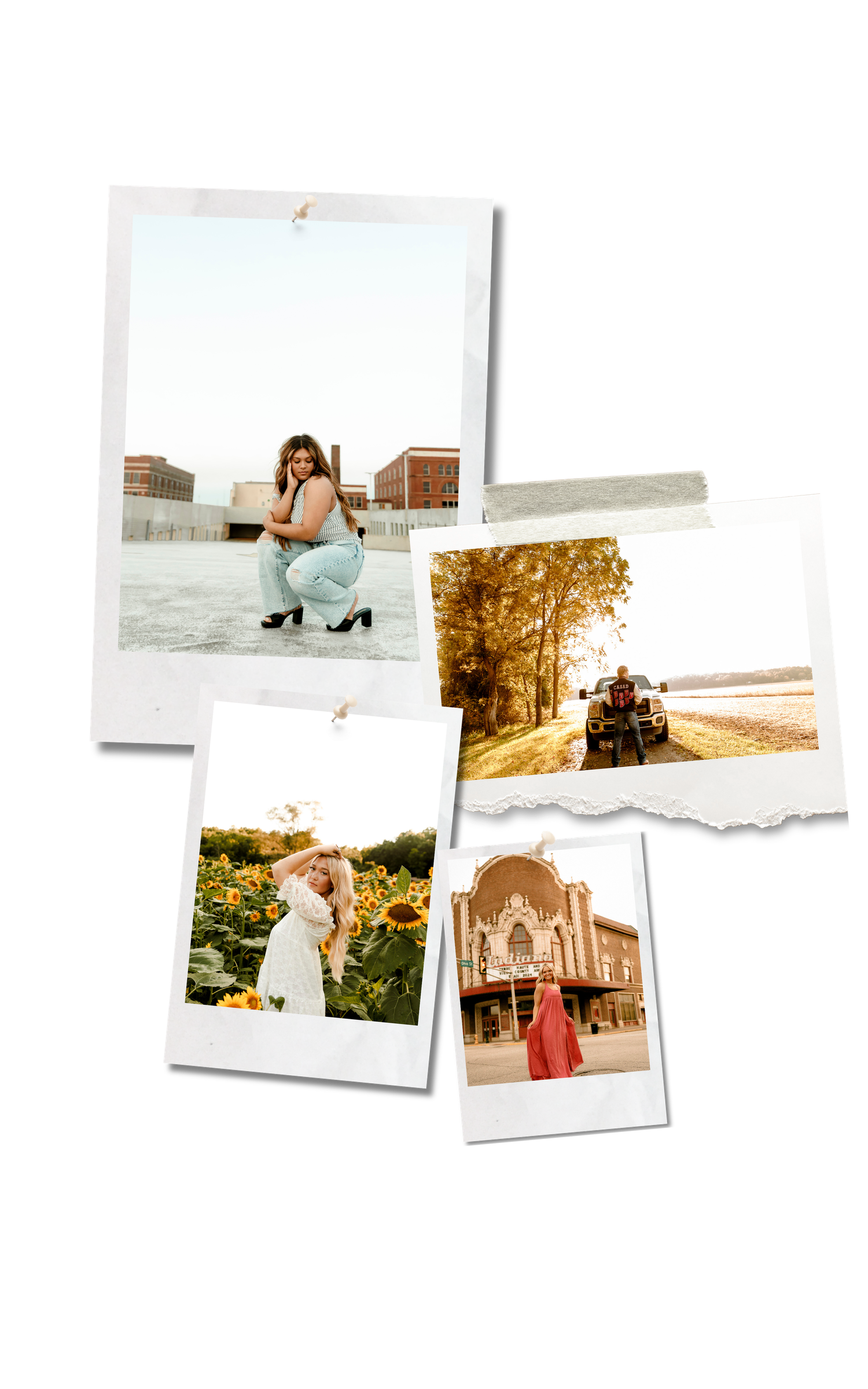 Collage of four Polaroid photos featuring women posing outdoors in urban, rural, and floral settings.