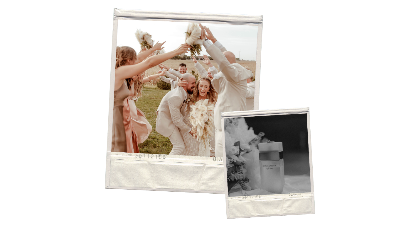 A series of wedding photographs arranged in a horizontal layout showing romantic moments and celebrations.