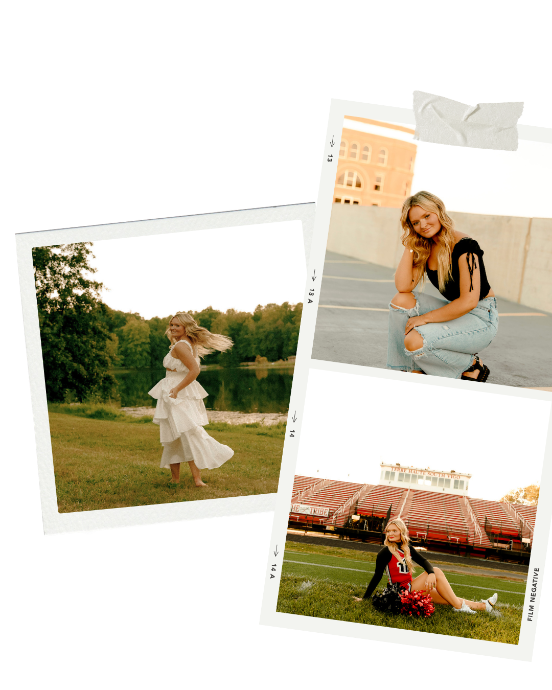 Three Polaroid photos of a young blonde woman in a white dress by a lake, cheerleader uniform, and casual jeans outfit.