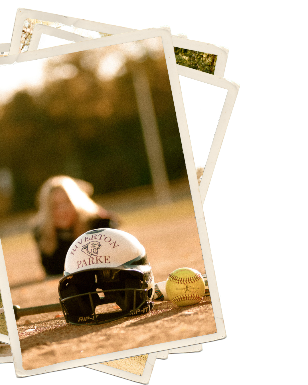 Overton Parke softball helmet and yellow ball on dirt field with player resting in background.