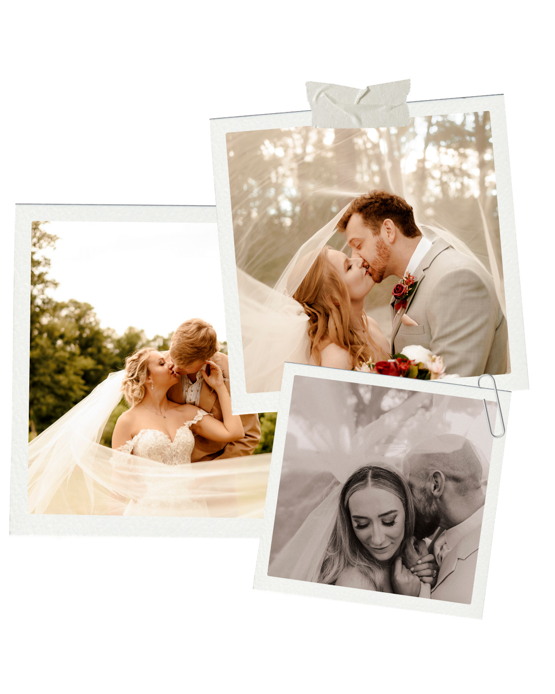 A romantic wedding collage featuring three polaroid-style photos of a bride and groom sharing tender moments outdoors.