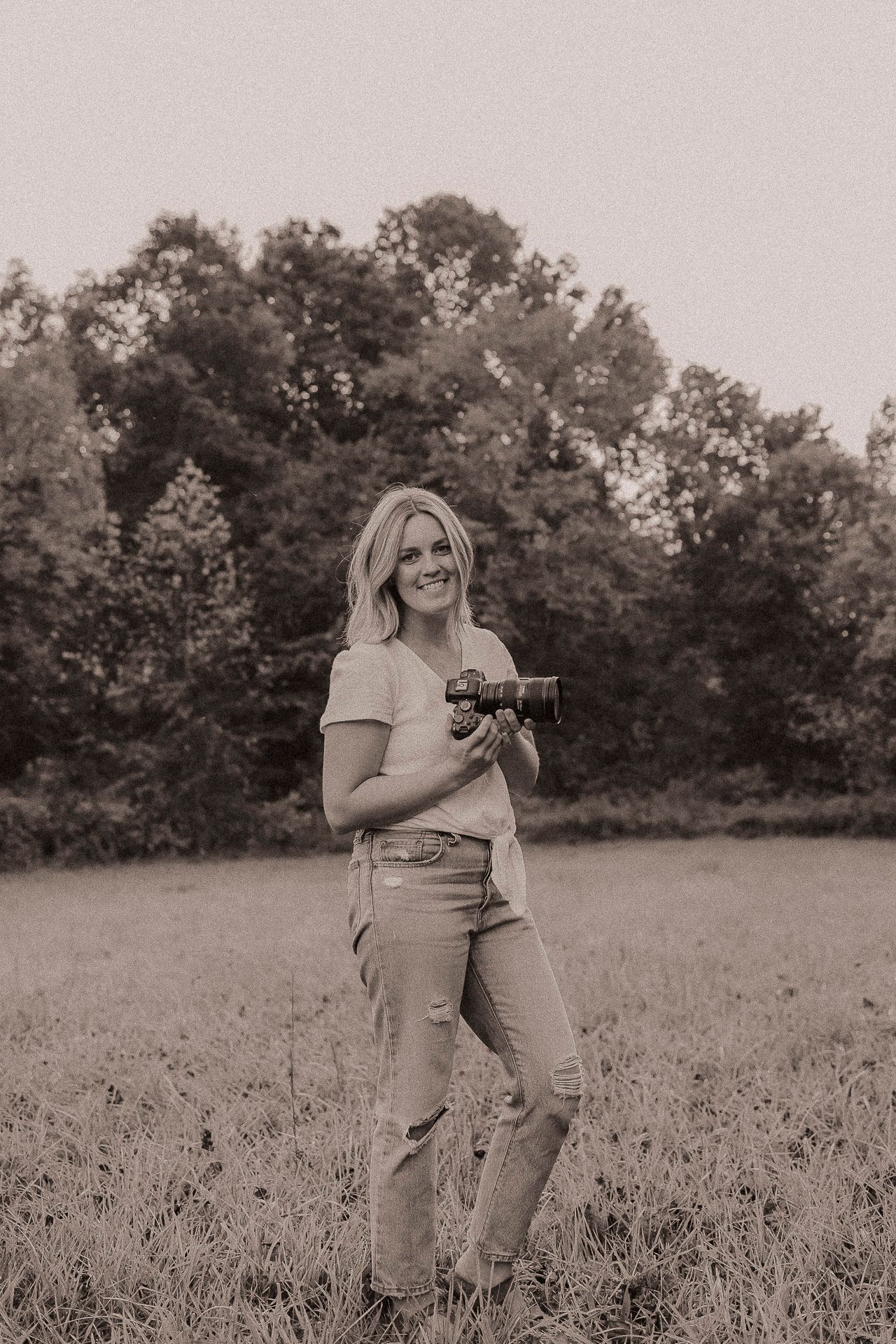 A series of sepia-toned photos showing a photographer in a field taking pictures during a sunny outdoor session.