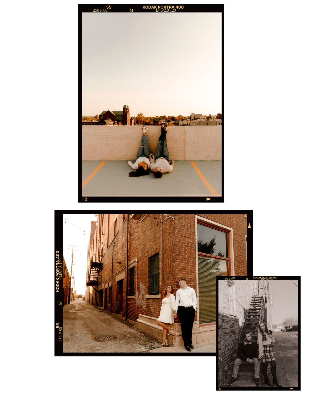 Couple lying on rooftop at sunset, romantic urban engagement photos on Kodak Portra film in a city setting.