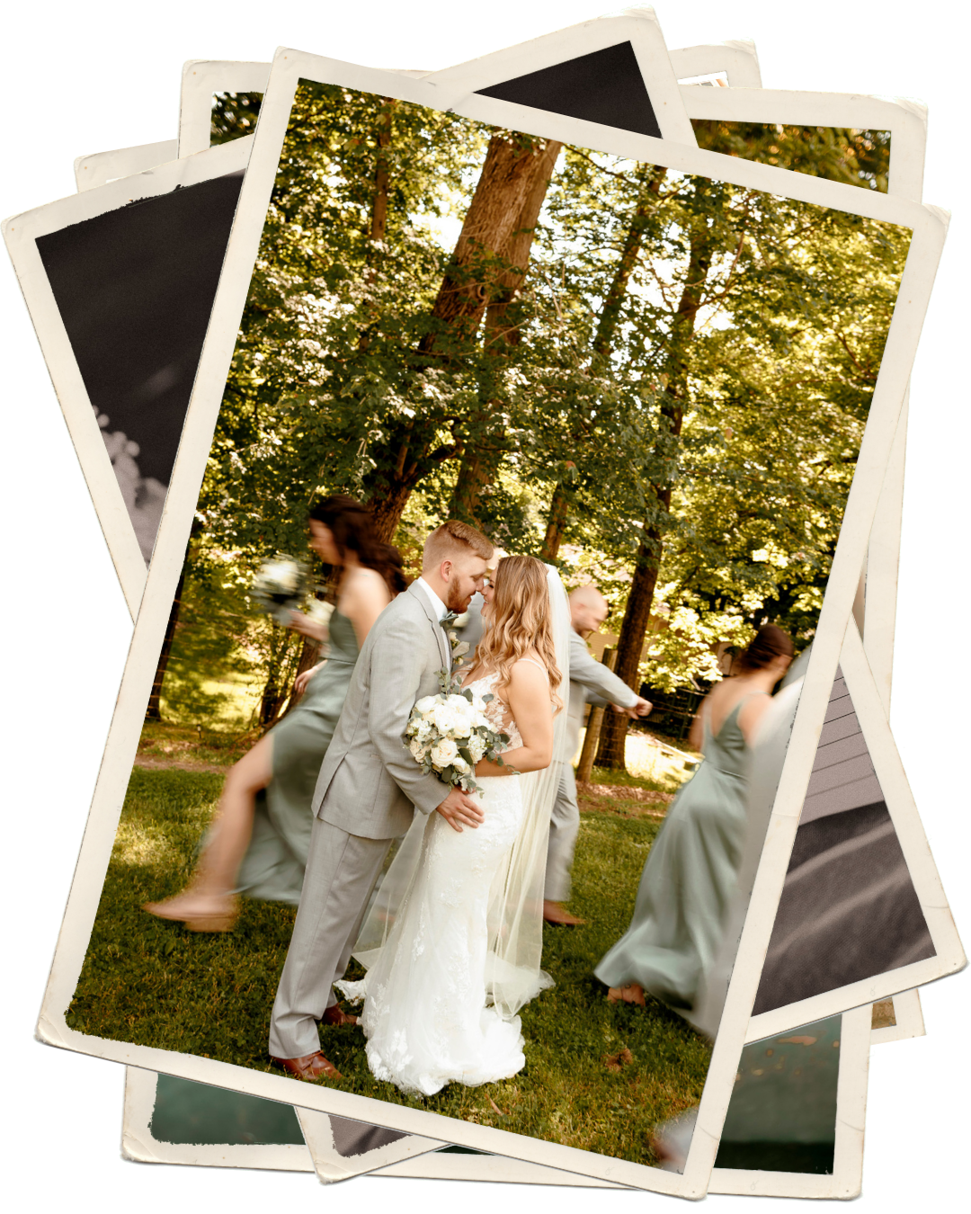 A bride and groom share a tender moment surrounded by bridesmaids in sage green dresses among lush green trees.
