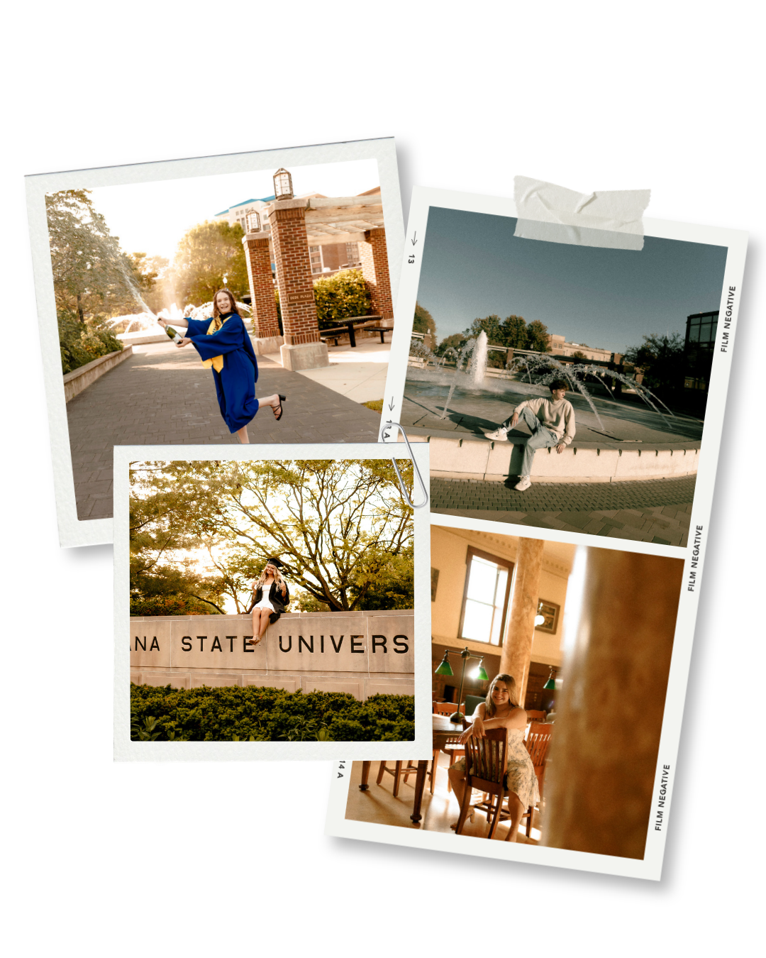 Collage of Polaroid-style graduation photos at Indiana State University, featuring a student in cap and gown near campus landmarks.