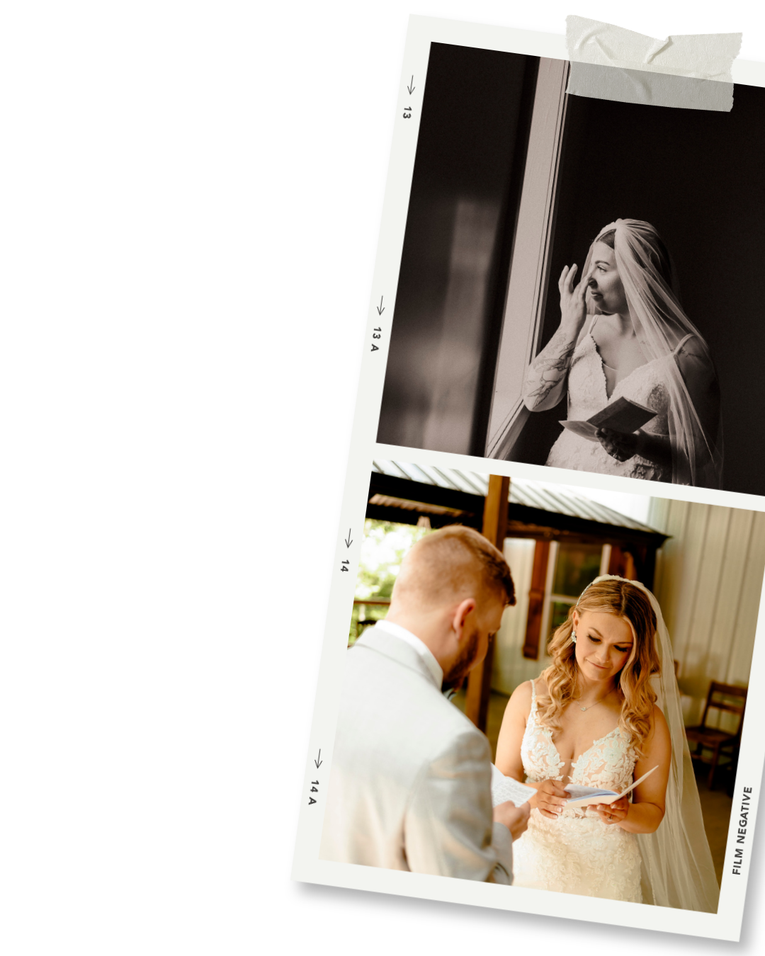 Bride in wedding veil reading vows, with black and white photo of bride adjusting veil above.