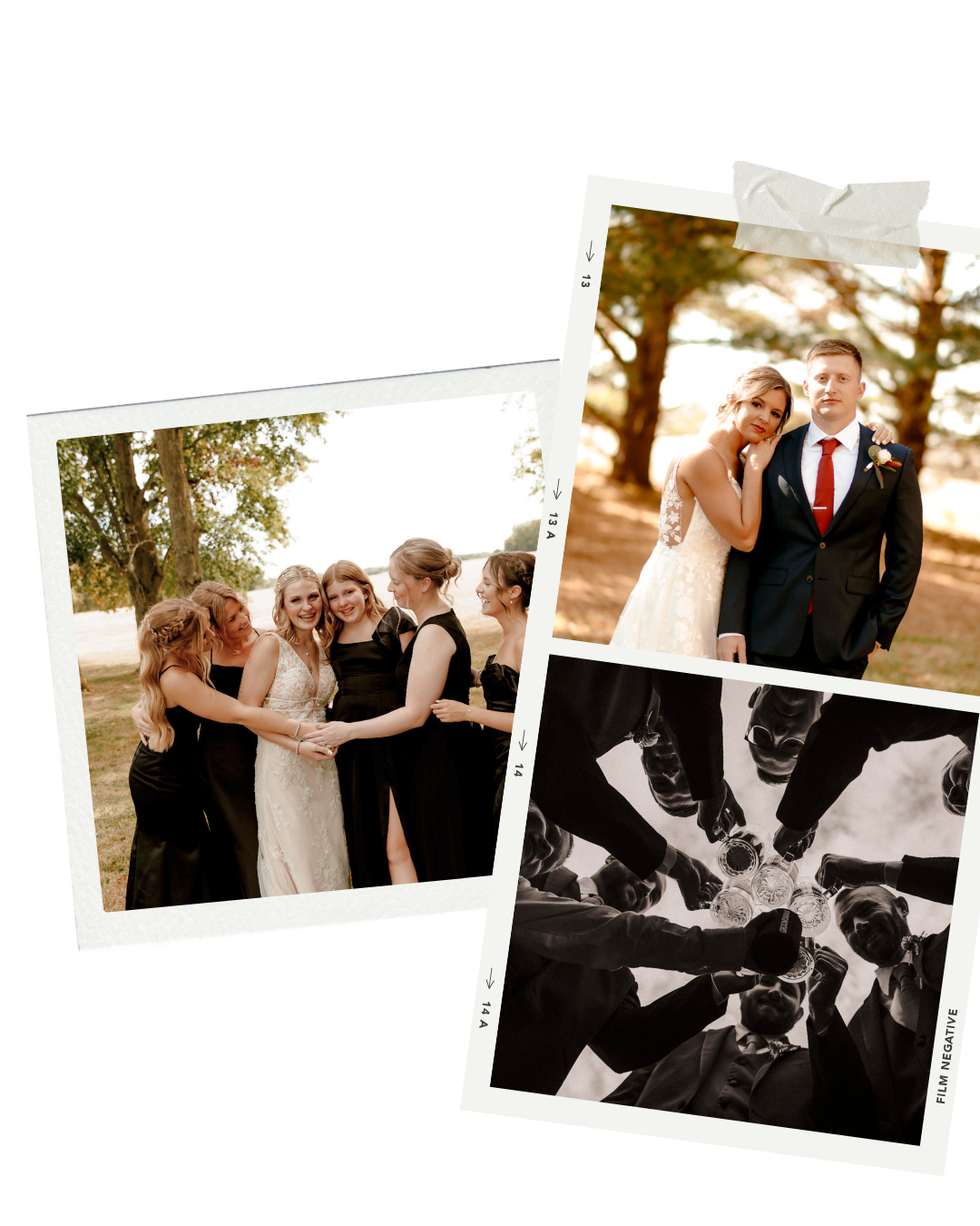 Polaroid-style wedding collage featuring bridesmaids in black dresses, a bride and groom portrait, and groomsmen toasting.