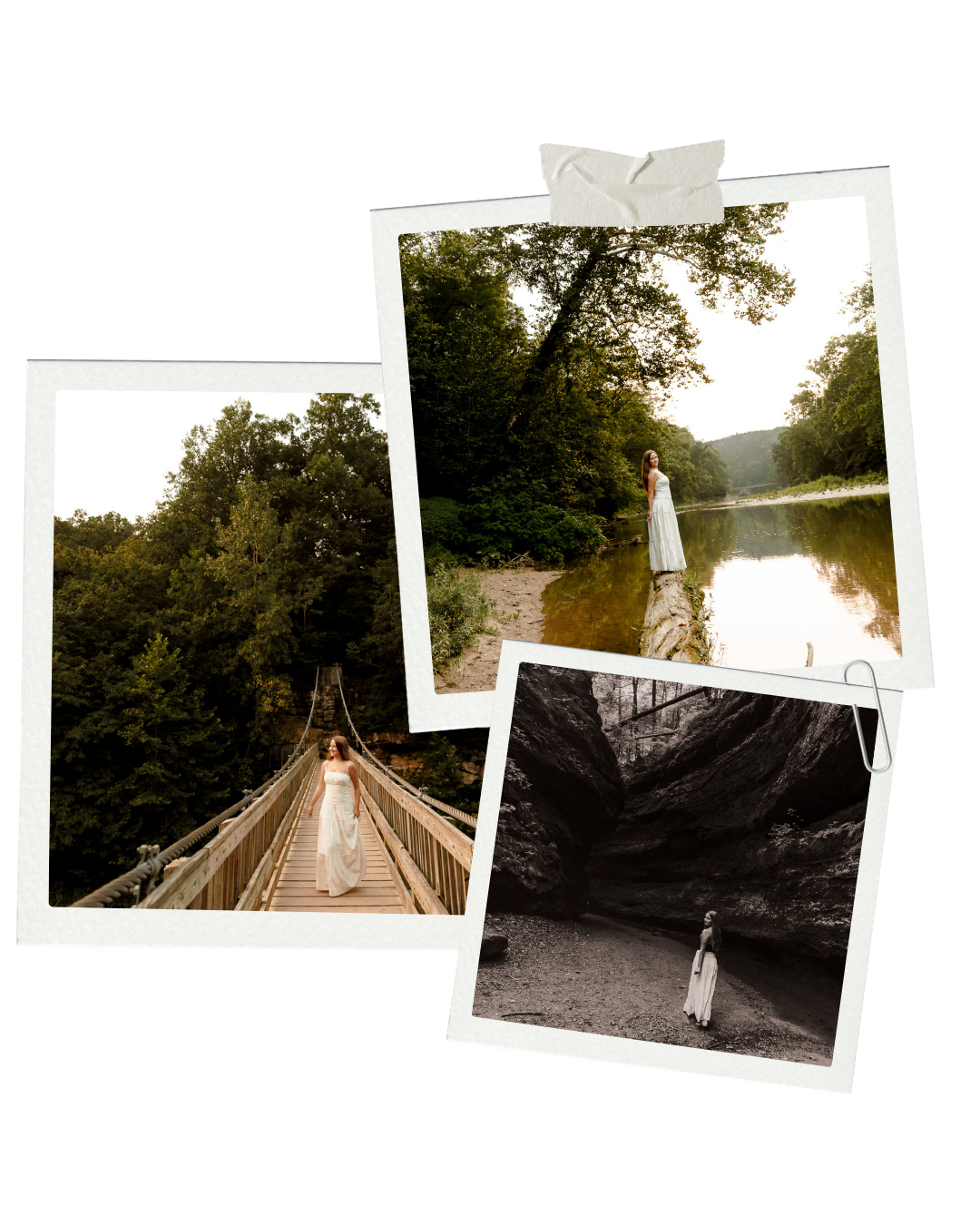 Bride in white gown on suspension bridge, by river, and in cave, three romantic outdoor wedding photos.