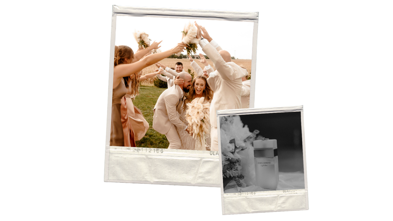Joyful wedding celebration with bride and guests tossing flowers outdoors, alongside a black and white gift photo.