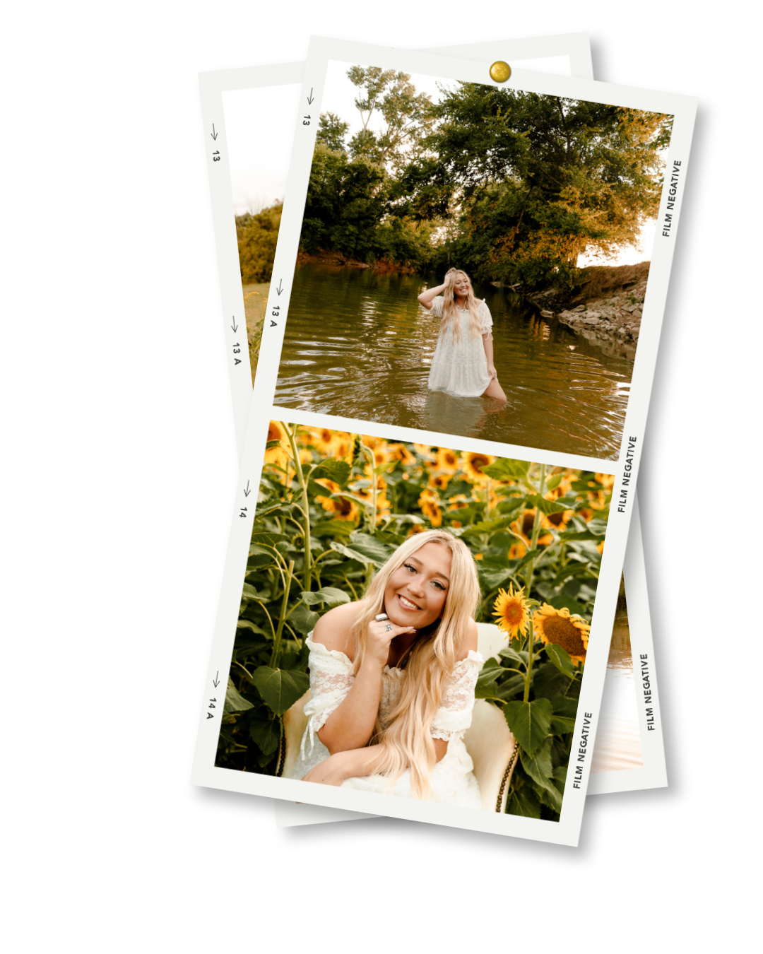 Young blonde woman posing in sunflowers and a river wearing a white dress in outdoor senior portraits.