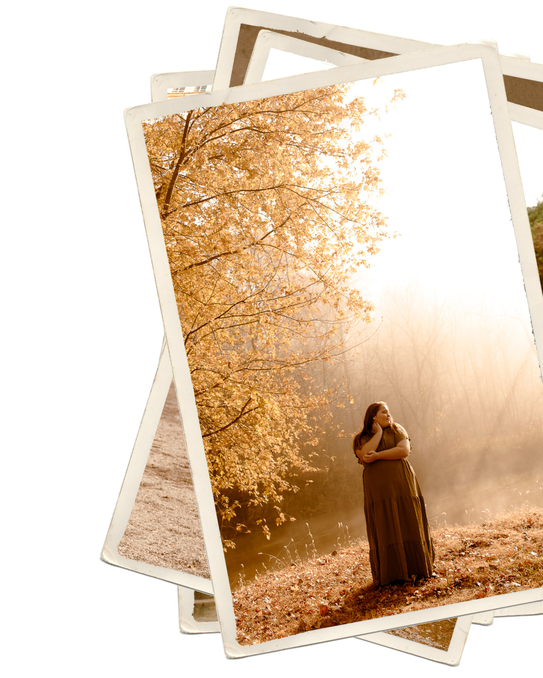 Pregnant woman in olive dress standing under golden autumn tree in misty sunlight, maternity photography.