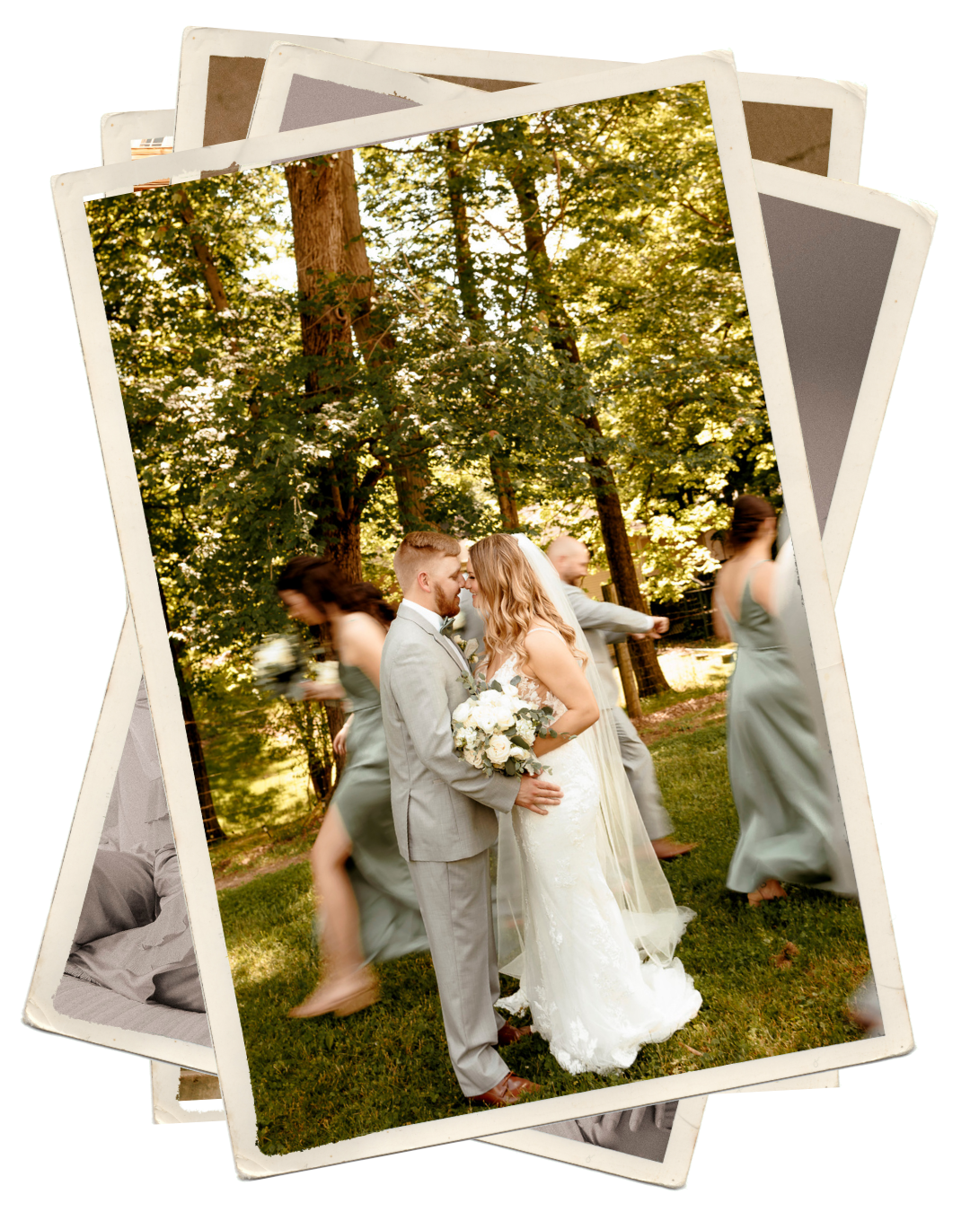 A bride and groom share a kiss outdoors surrounded by bridesmaids in sage green dresses during a garden wedding ceremony.