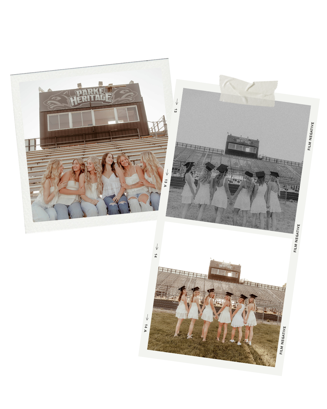 A collection of vintage black and white photos showing cheerleaders performing routines and poses outdoors.