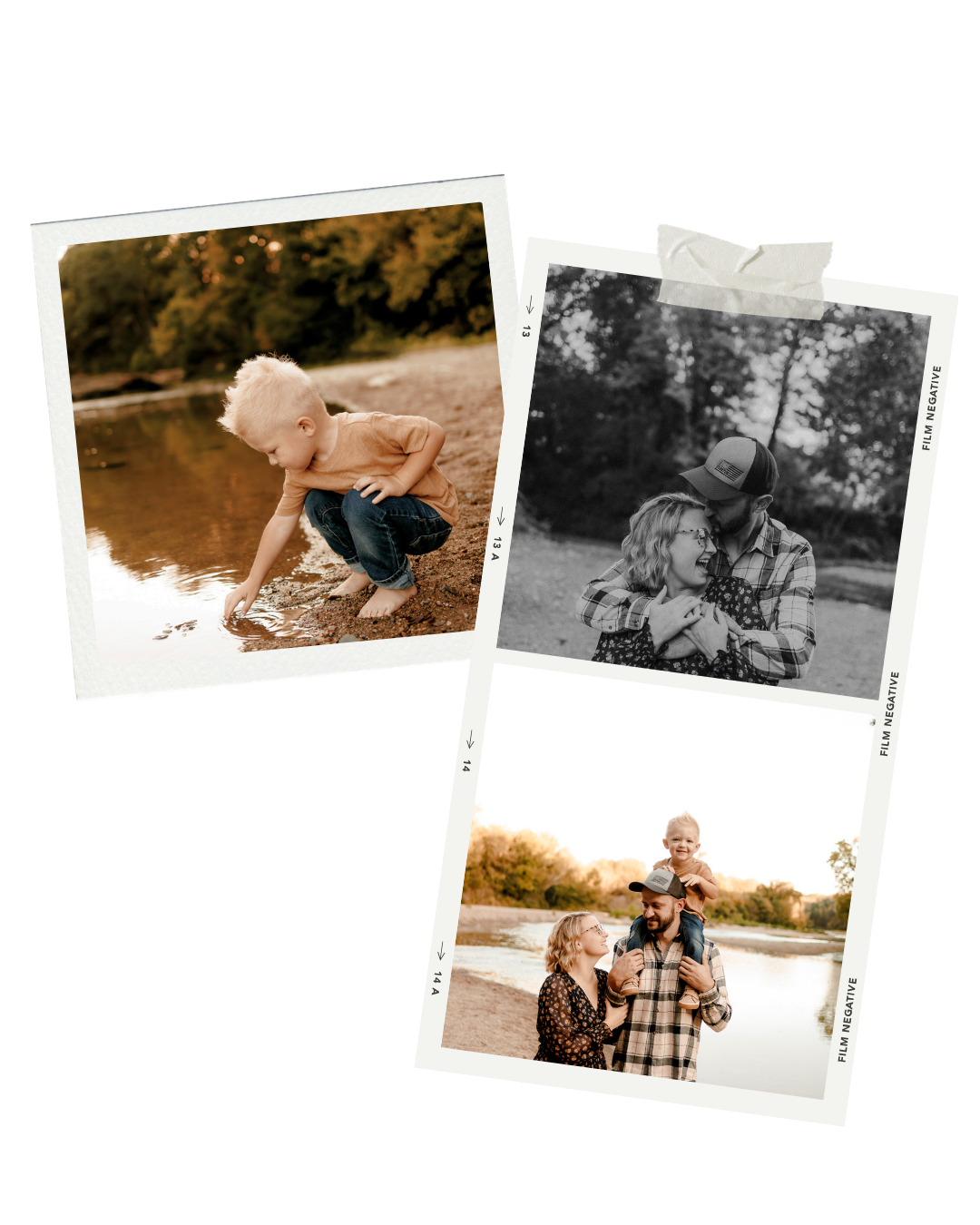 Polaroid-style collage of a child playing by water, a couple in black and white, and a family portrait outdoors.