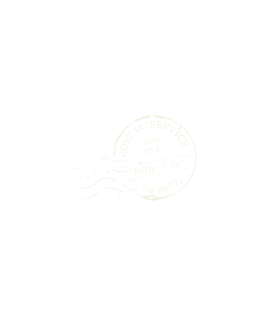 Faded vintage postal stamp with circular design and decorative wave lines on white background.