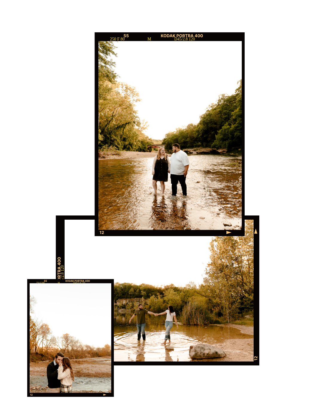 Couple standing in a shallow river surrounded by autumn trees, captured in a vintage film strip style with multiple poses.