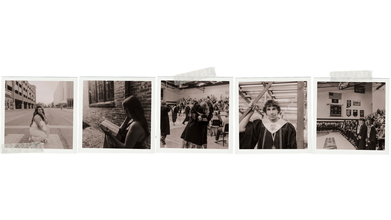 Five vintage black-and-white Polaroid photos depicting street scenes and portraits of people in urban settings.