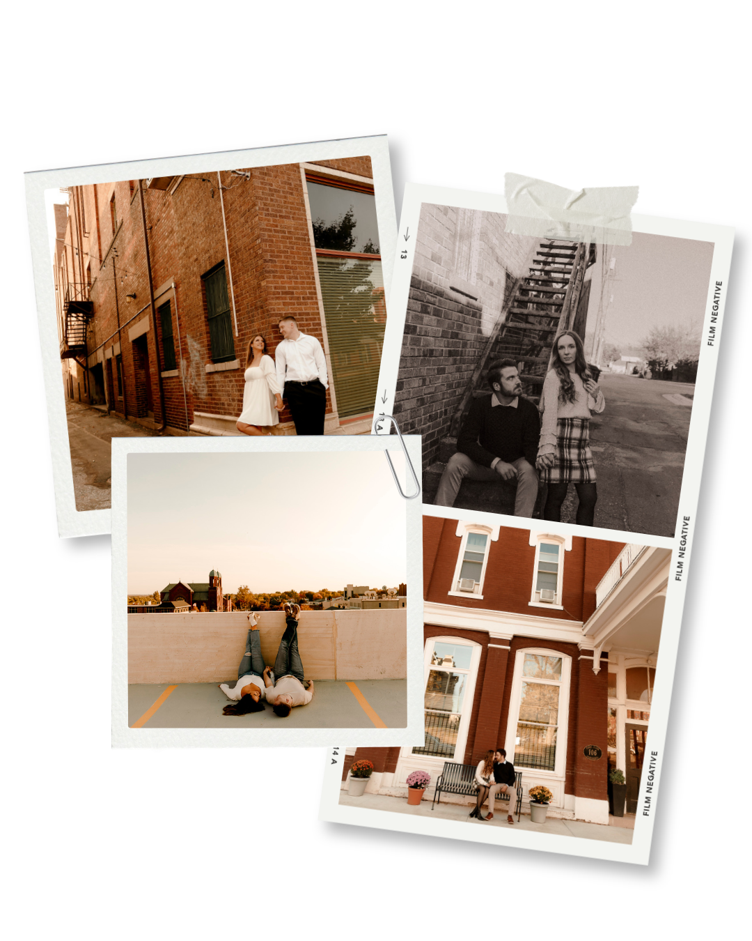 Collage of four romantic couple photos in urban settings, featuring brick buildings, golden hour light, and black-and-white film style.