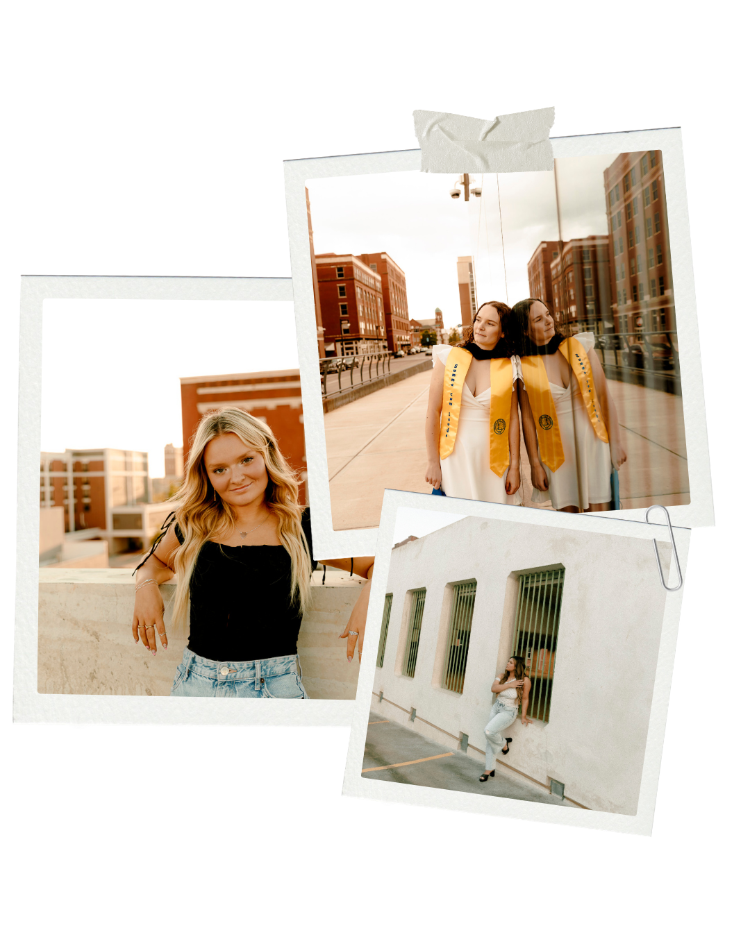 Three polaroid-style photos of young women in urban settings, featuring golden hour portraits and graduation attire.