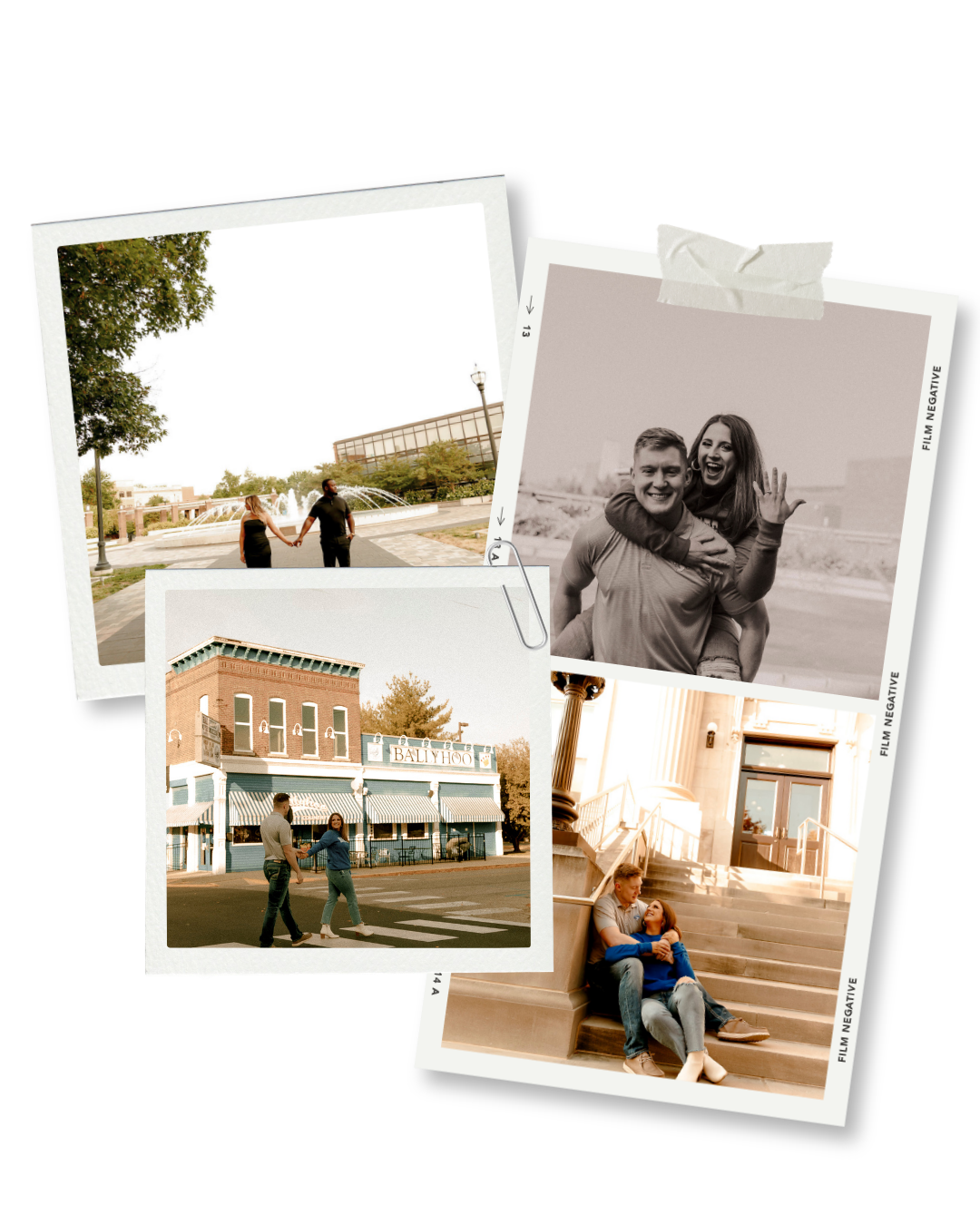 Collage of four polaroid-style photos showing a couple holding hands, hugging, walking downtown, and sitting on steps.