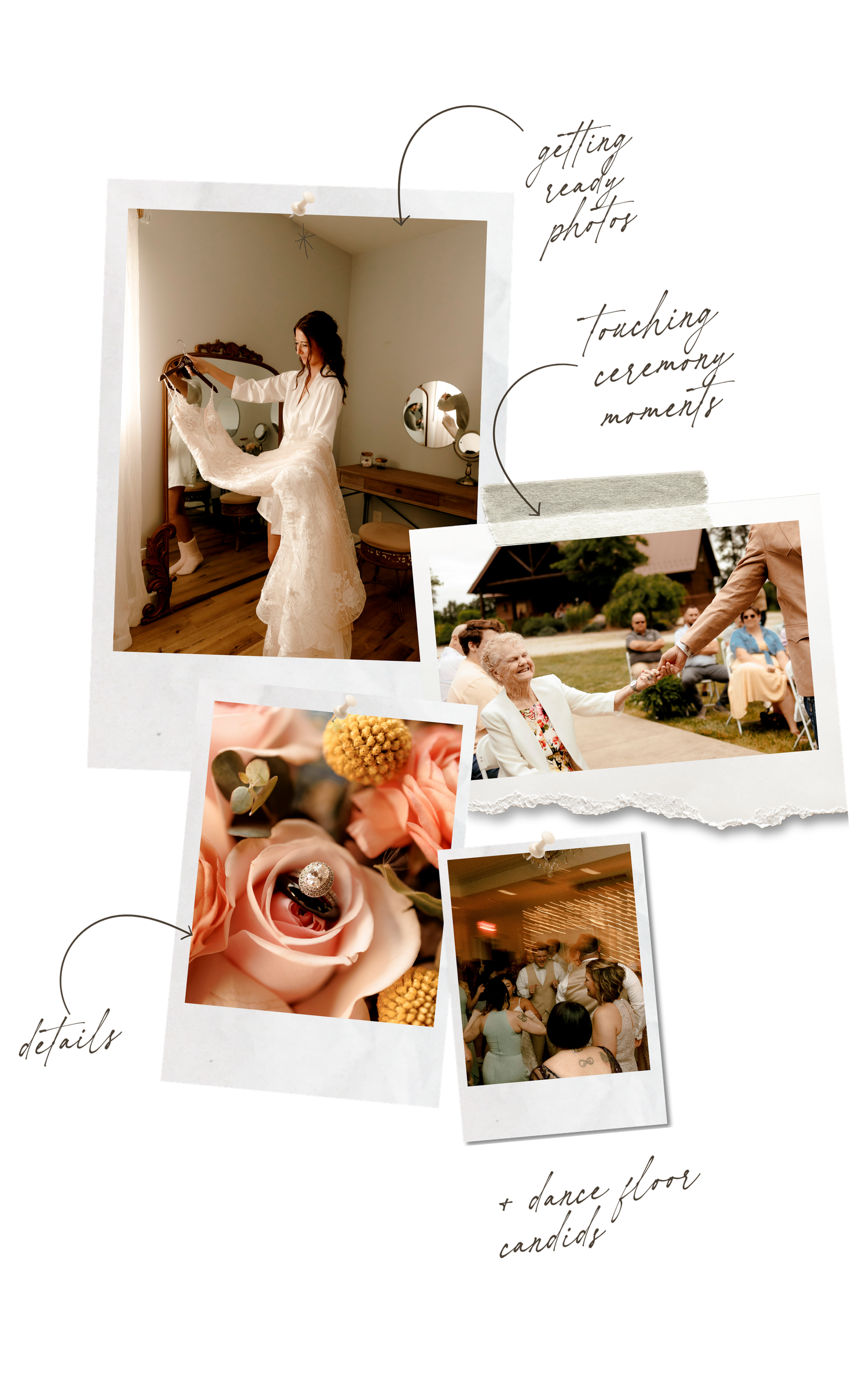 A wedding collage featuring bridal prep, floral details, outdoor ceremony moments, and joyful reception dancing captured in polaroid style.