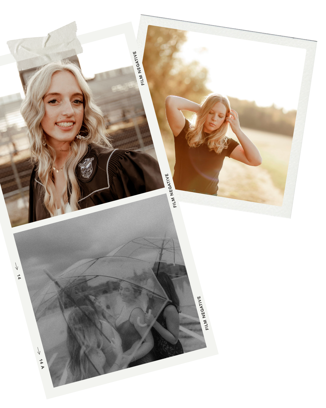 Three polaroid-style photos arranged diagonally showing outdoor portrait shots in warm sunlight and a black and white image.