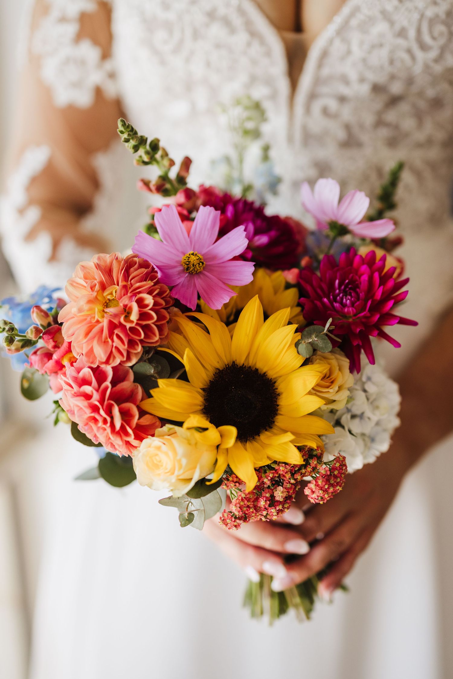 A series of colorful wedding bouquets featuring sunflowers, dahlias, and pink blooms held against a white dress.
