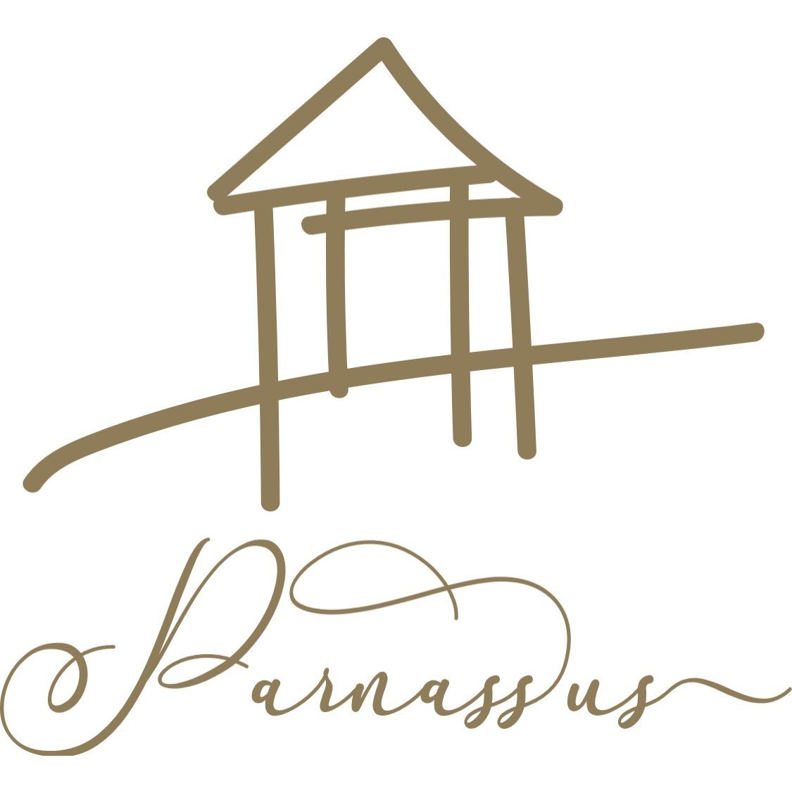 Simple line drawing of houses and buildings in a rustic village style with cursive text reading 'Parnassus'.