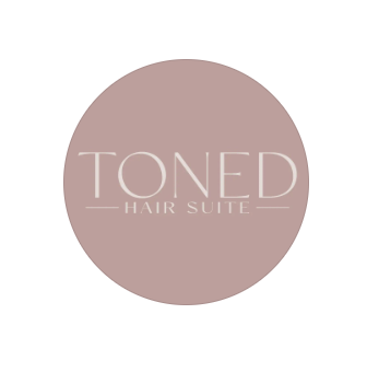 Circular mauve-colored logo design for 'TONED Hair Suite' with minimalist text layout.