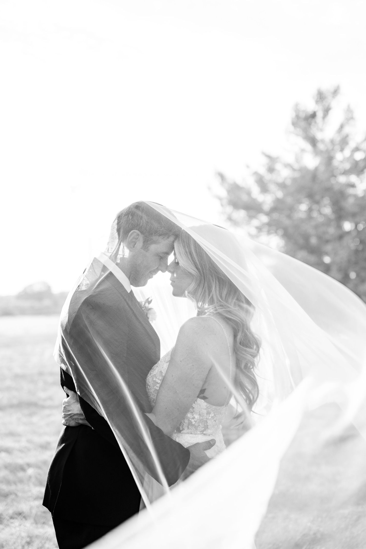 A romantic black and white wedding photo showing a tender moment between newlyweds as a veil flows in the breeze.