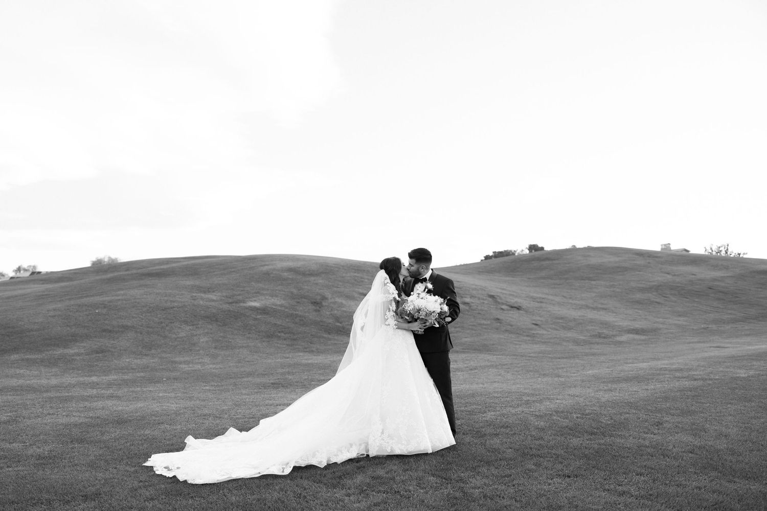 A series of black and white wedding photos showing scenic mountain landscapes and a bride in a flowing dress.