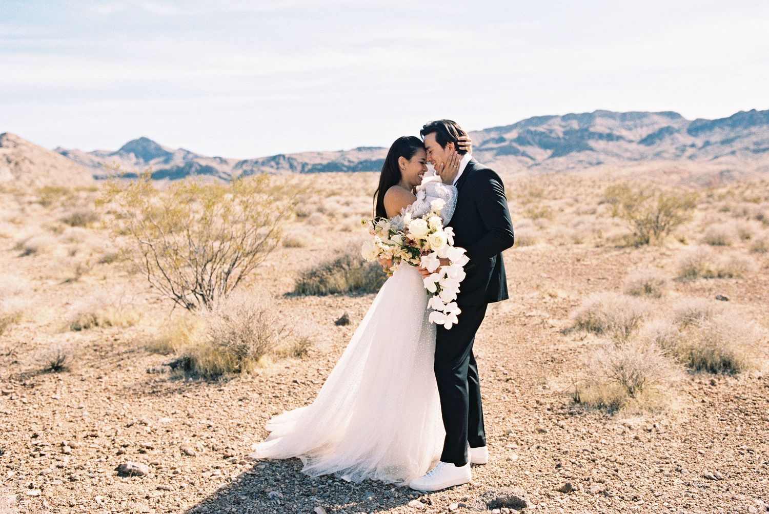 Bride and groom share a romantic kiss in a desert landscape with mountains in the background.