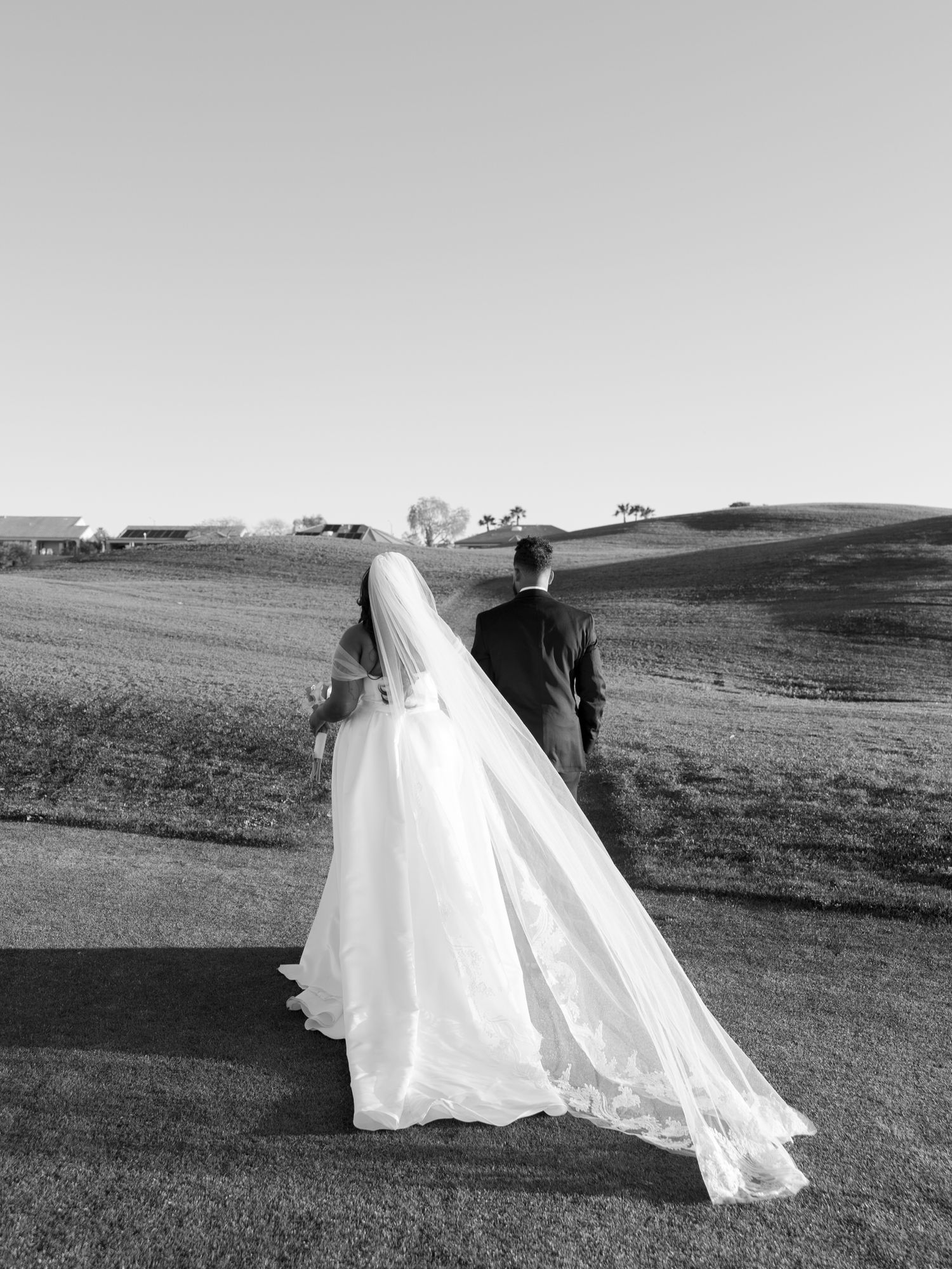 Black and white photo of a bride and groom walking hand in hand through a scenic countryside landscape.