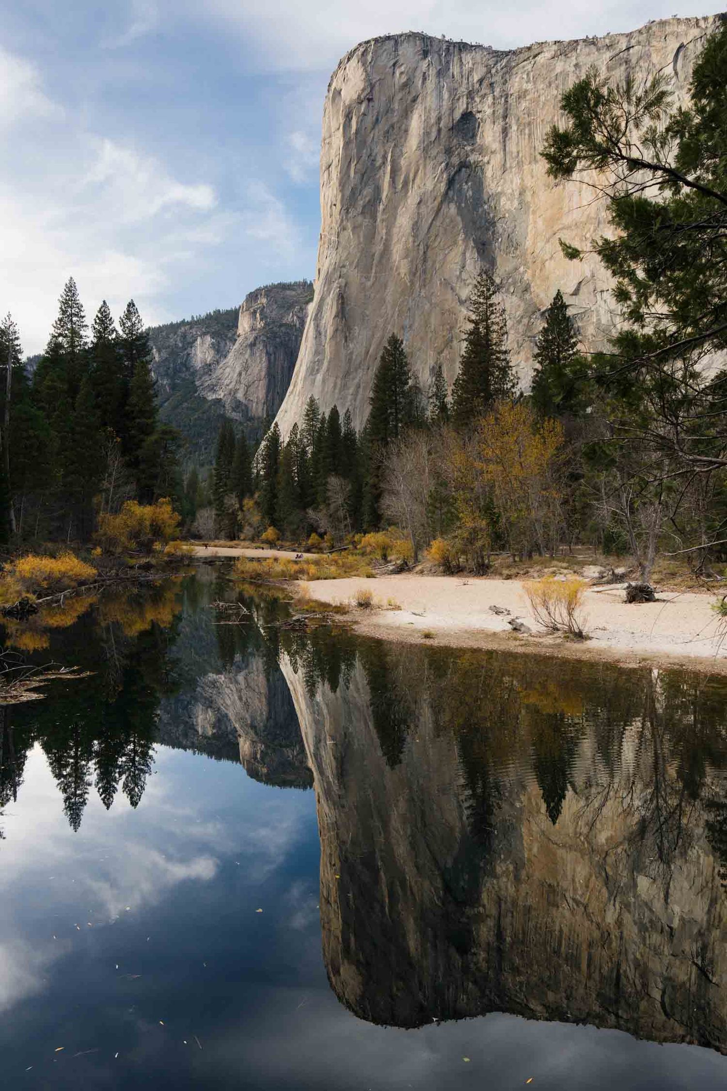 Majestic El Capitan rock formation reflects in the calm waters of cathedral beach at Yosemite National Park during autumn.