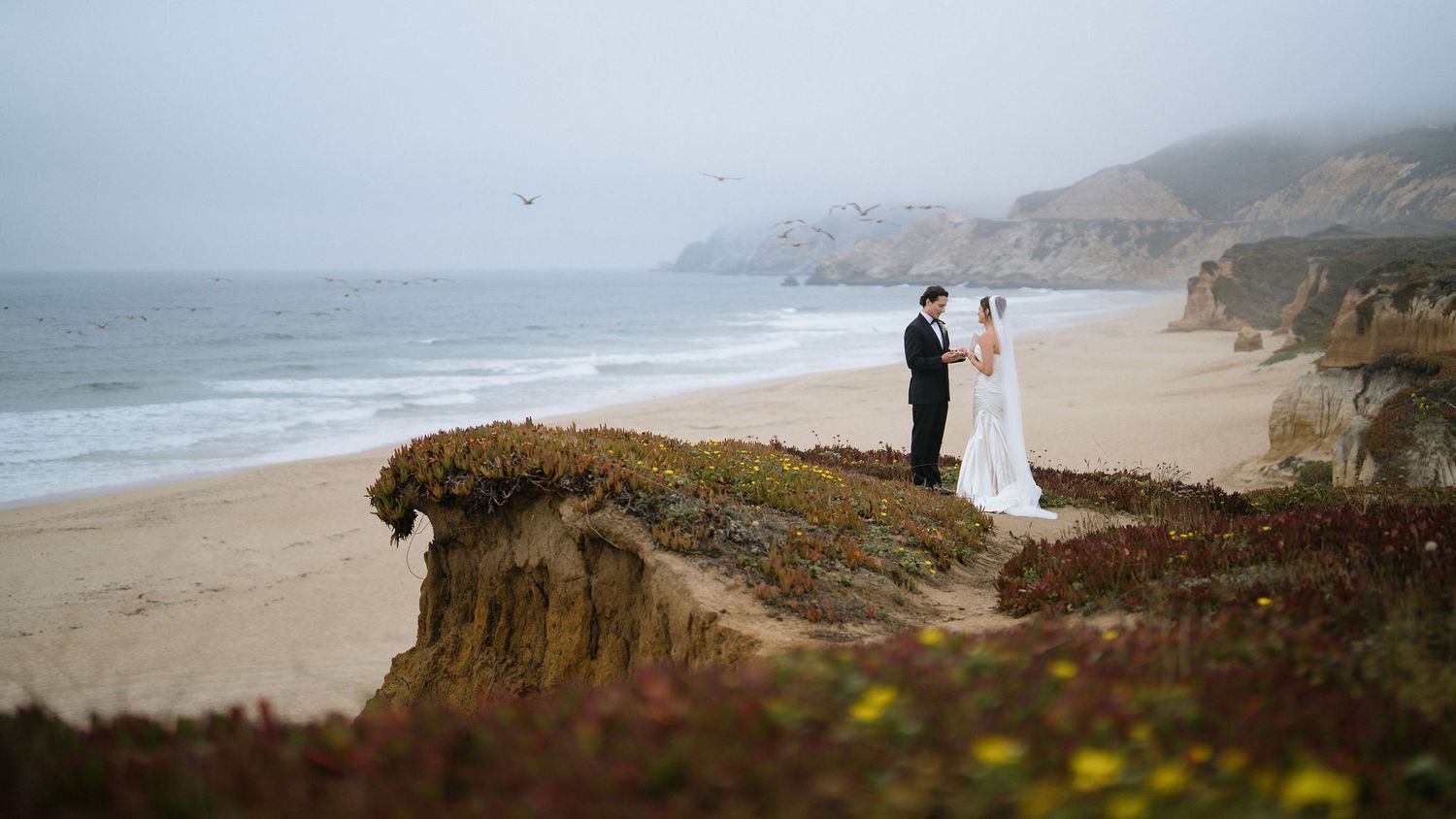 Scenic coastal views of a rocky beach with cliffs and waves crashing along the California shoreline at sunset.