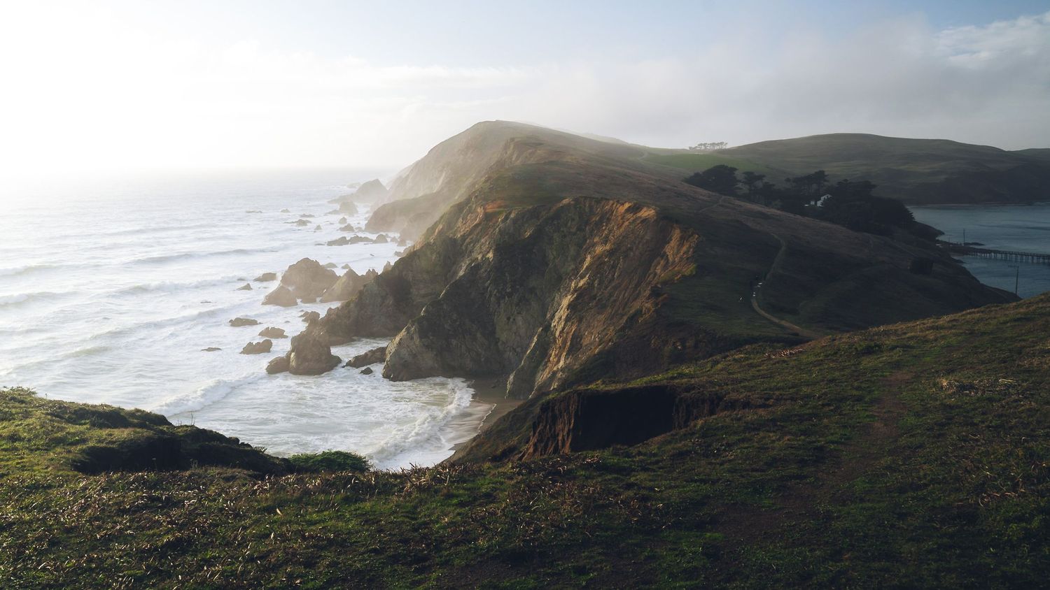 Dramatic coastal cliffs and crashing waves along a misty shoreline during golden hour at Point Reyes National Seashore.