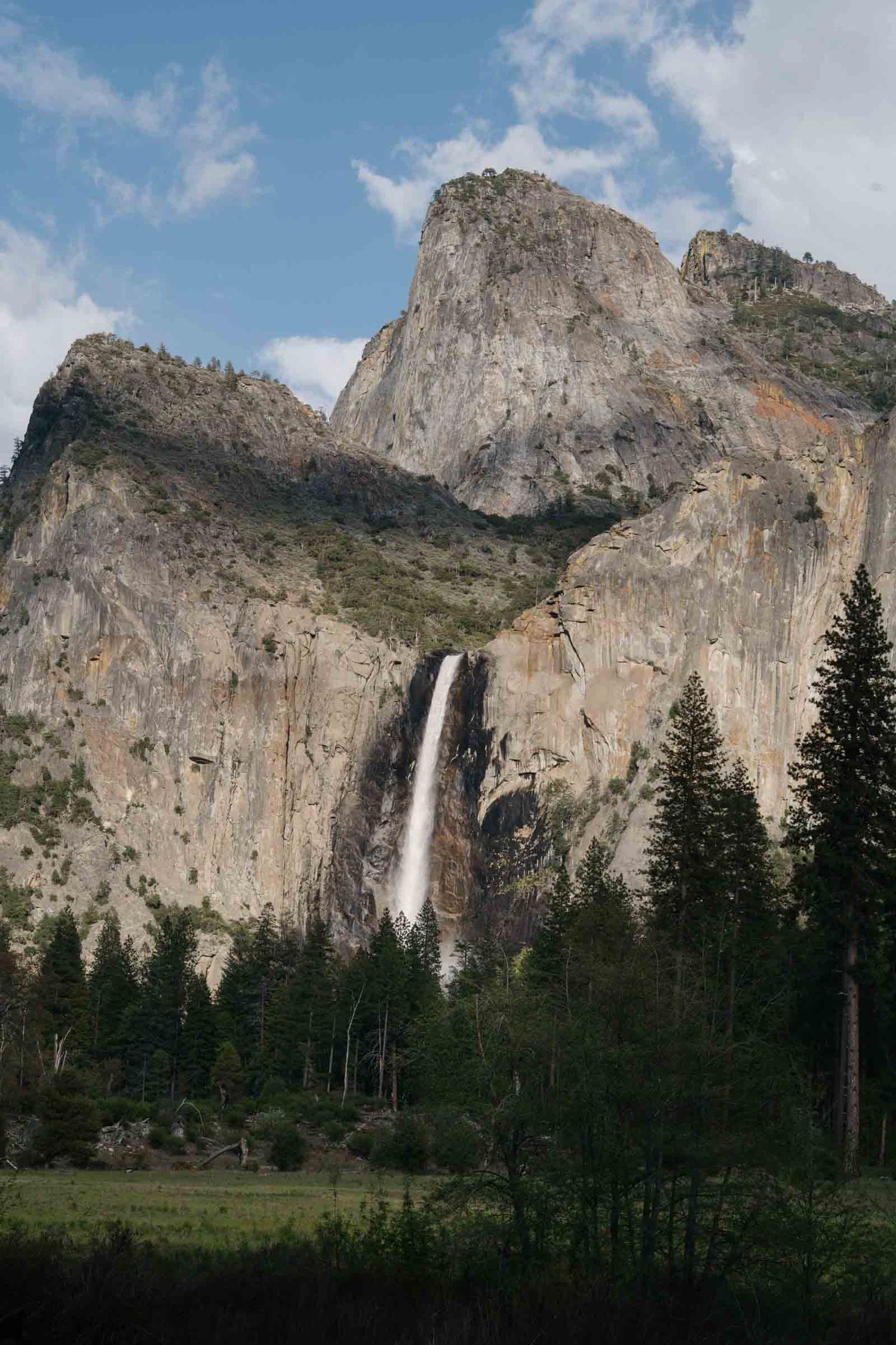 Bridalveil Falls cascades down the granite cliffs of Yosemite Valley with evergreen forest in the foreground.