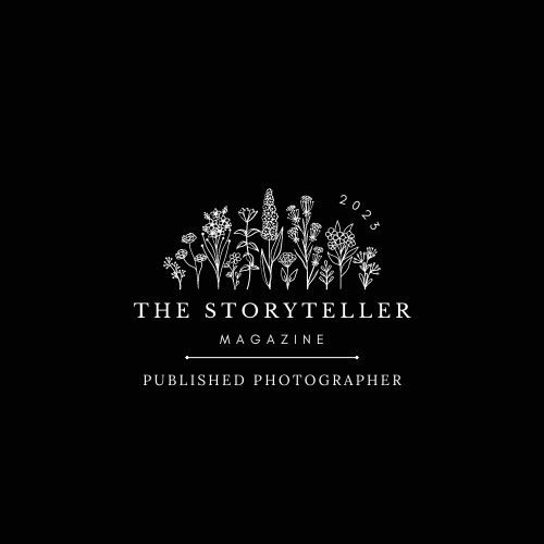 Black and white logo for The Storyteller Magazine featuring floral elements.