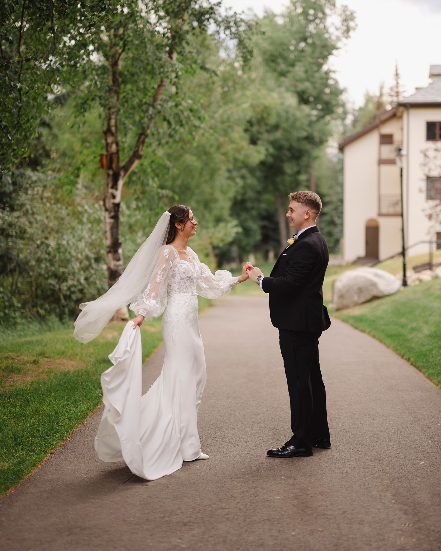 Wedding couple playfully poses in a fun photo sequence on a tree-lined pathway showing evolving dance movements.