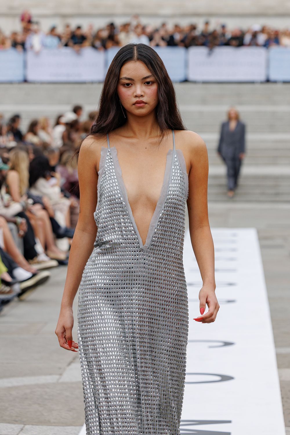 Professional fashion runway photography from the Topshop & Topman 2025 relaunch event in Trafalgar Square, captured by Farheen Shaikh