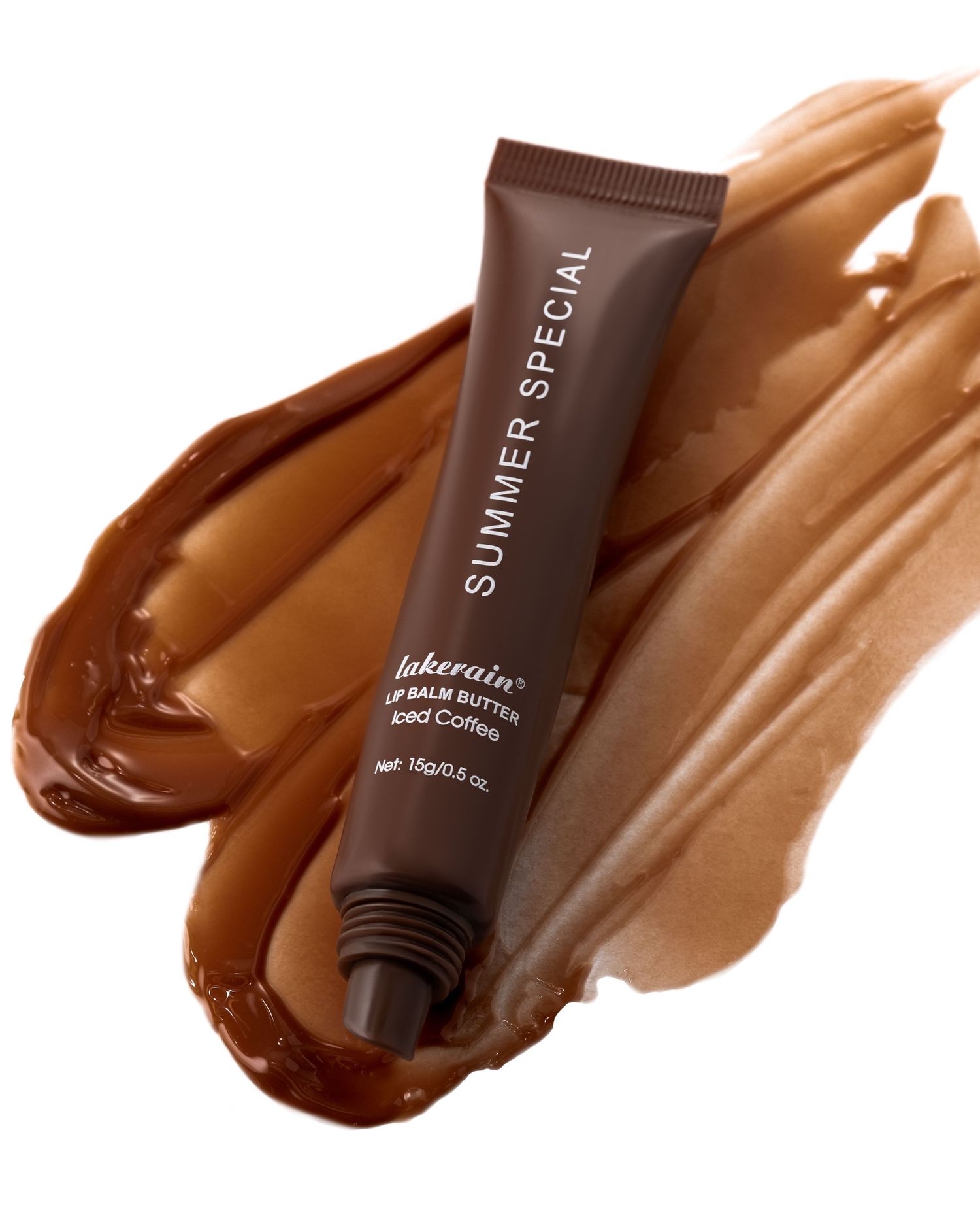 Summer Special Lakerain iced coffee lip balm butter tube with brown cream swatches on white background.