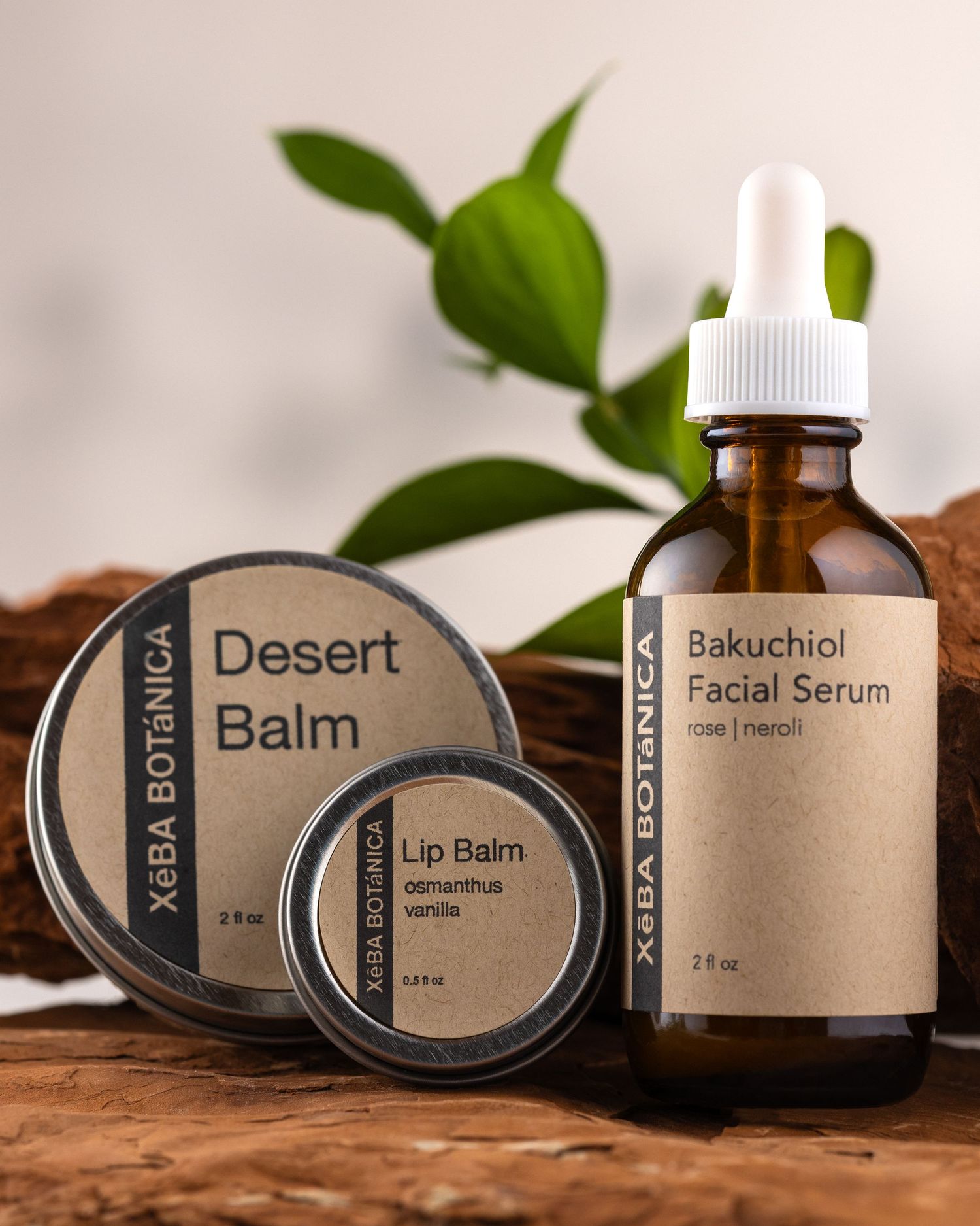 XeBA Botanica Desert Balm, Lip Balm, and Bakuchiol Facial Serum skincare products arranged on rustic wood.