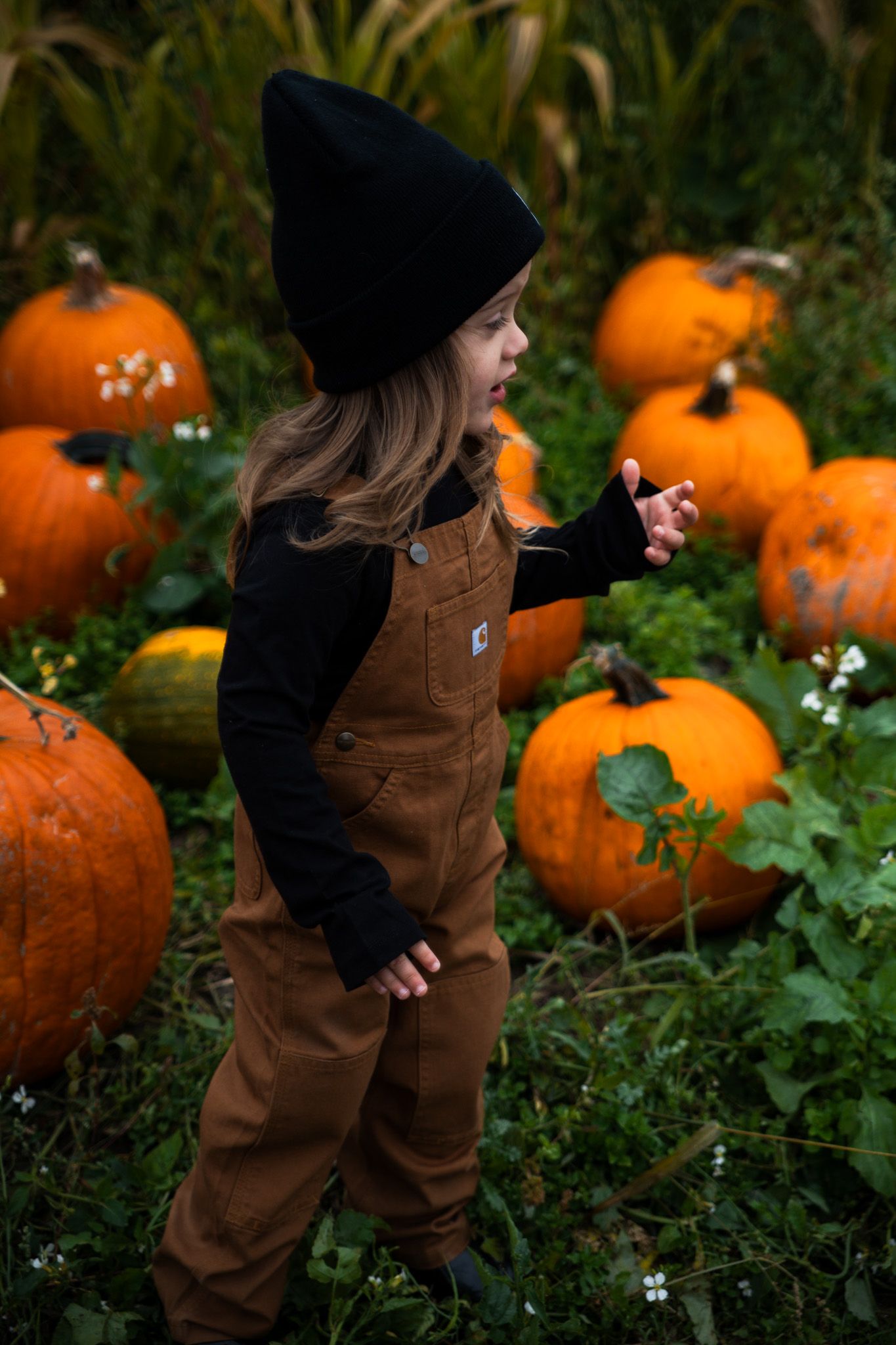 Young girl in Carhartt overalls and black beanie standing among orange pumpkins in a fall pumpkin patch.