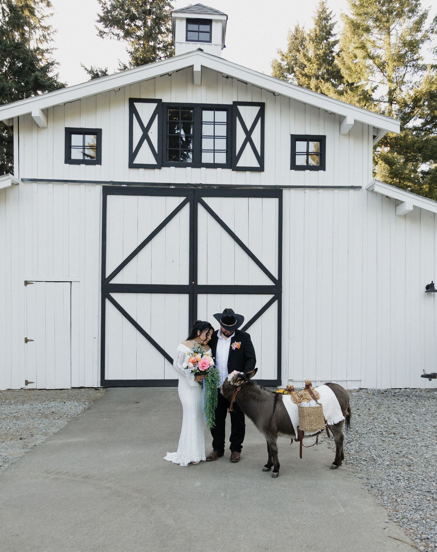 Bride and groom kissing in front of a white barn with a saddled donkey at a rustic wedding venue.