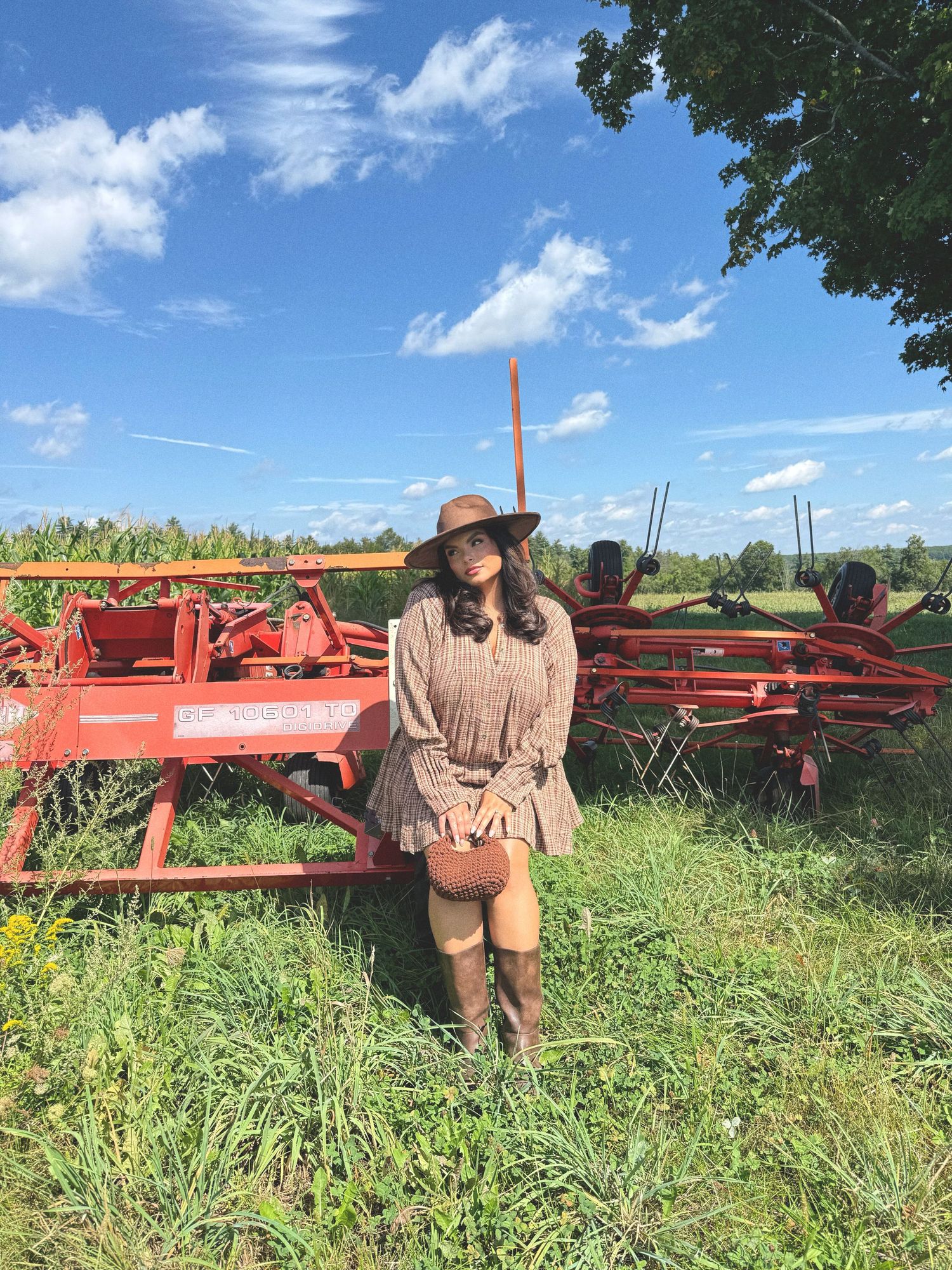 Woman in brown dress, hat, and boots poses in a field beside red farm equipment under a blue sky.