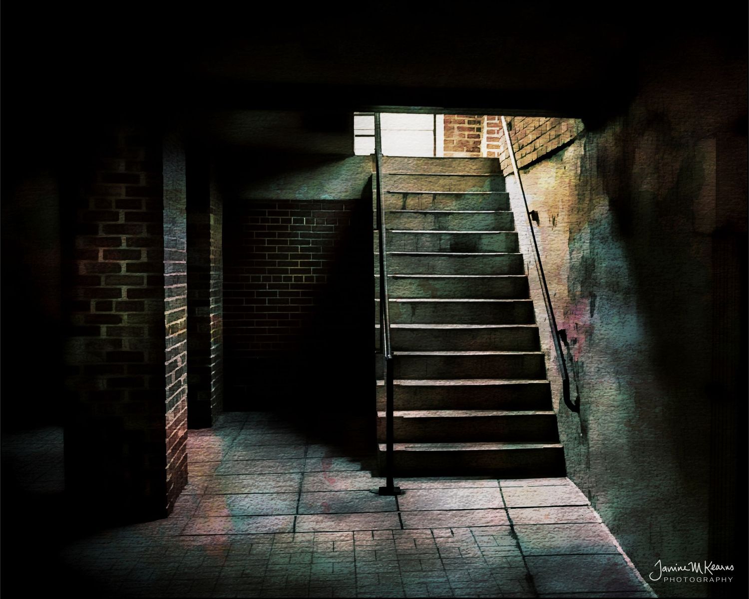 Dark atmospheric staircase with brick walls and dramatic light beams in an urban setting.
