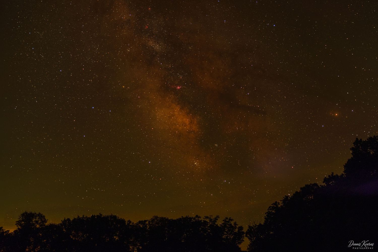 Night sky photo showcasing the Milky Way galaxy above dark silhouetted trees with glowing stars and nebula clouds. Galeton Pennsylvania